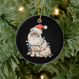 Christmas Ragdoll Cute Cat Santa Hat Xmas Lights Ceramic Ornament