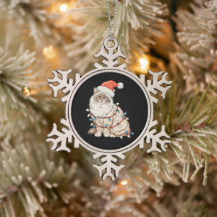 Christmas Ragdoll Cute Cat Santa Hat Xmas Lights Snowflake Pewter Christmas Ornament