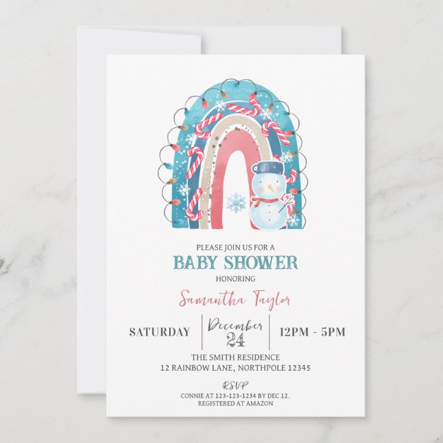 Christmas Rainbow Baby Shower, Snowman Invitation (Front)