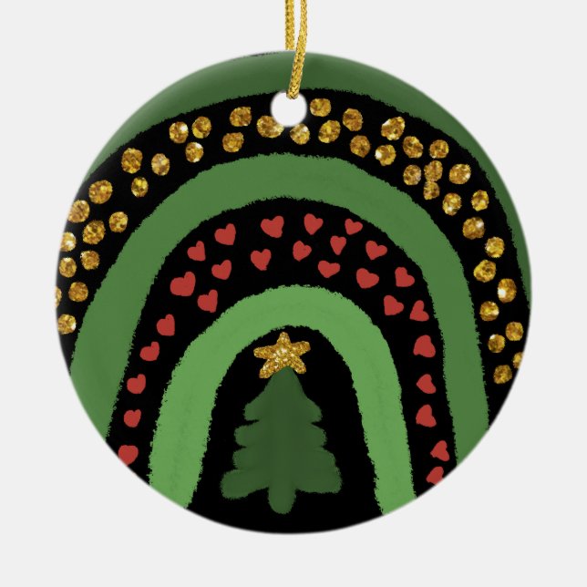 Christmas rainbow glitter red gold green ceramic ornament (Front)