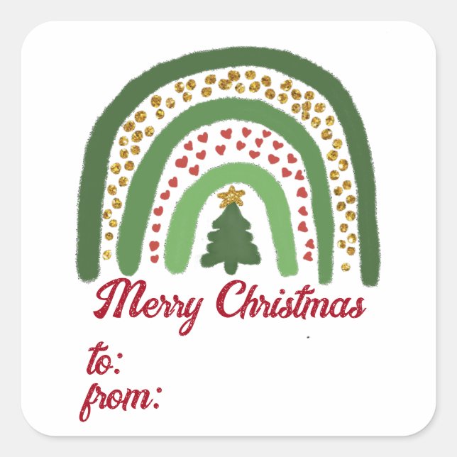 Christmas rainbow glitter red gold green square sticker (Front)