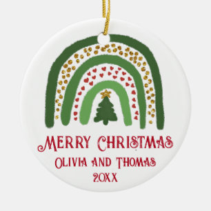Christmas rainbow glitter red green personalize ceramic ornament
