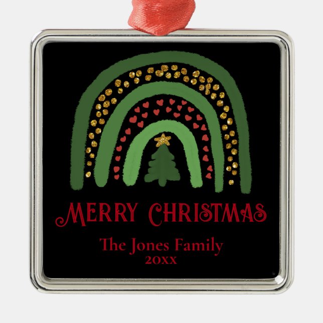 Christmas rainbow glitter red green personalize metal ornament (Front)