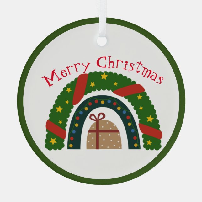 Christmas Rainbow With A Present  Glass Ornament (Back)