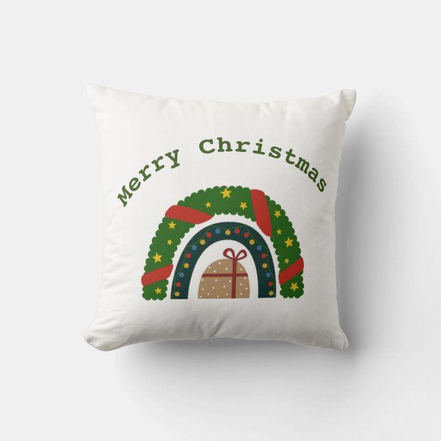 Christmas Rainbow With a Present  Throw Pillow (Front)