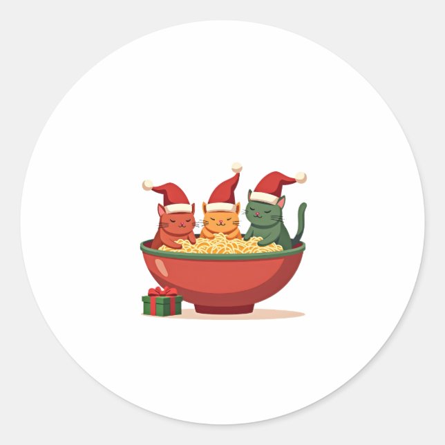 Christmas Ramen Cat Santa Anime Meow Kitty Meow Ca Classic Round Sticker (Front)