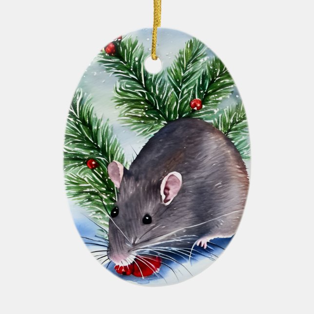 Christmas Rat Ceramic Ornament (Front)