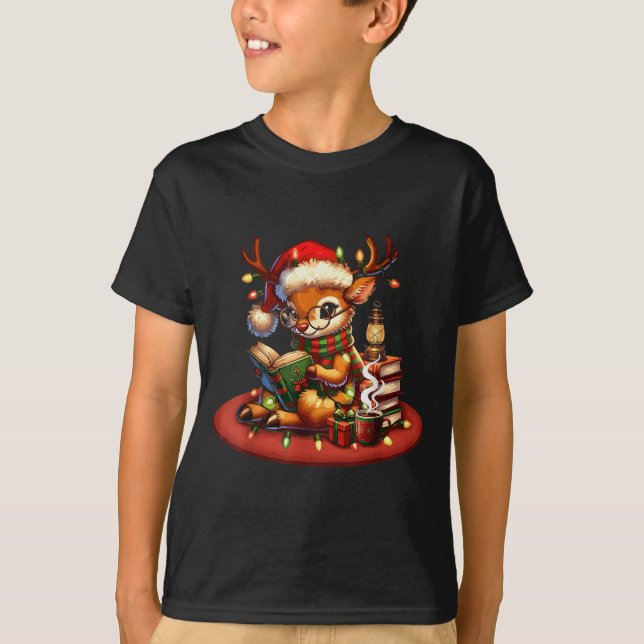 Christmas Reading Book Lovers Bookworm Coffee Rein T-Shirt (Front)