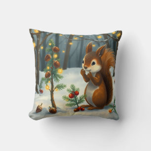 Christmas ready with the red squirrel in the woods throw pillow
