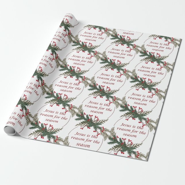 Christmas Reason for Season Holly Berry Wreath Wrapping Paper (Unrolled)