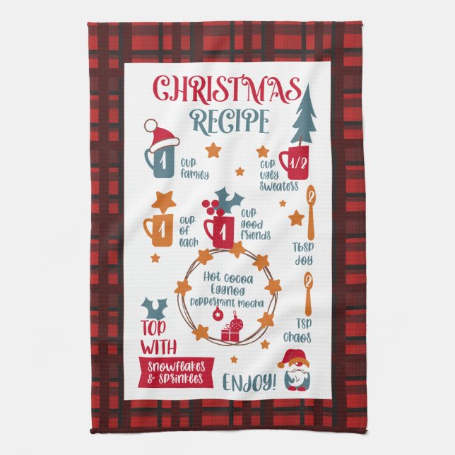 Christmas Recipe Festive Red Plaid Kitchen Towel (Vertical)
