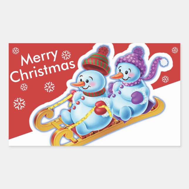 Christmas rectangular sticker Snowmen Snow sports. (Front)