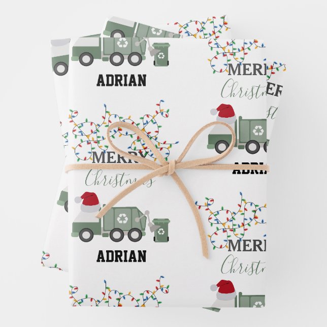 Christmas Recycling Garbage Truck Custom Name  Wrapping Paper Sheet (In situ)