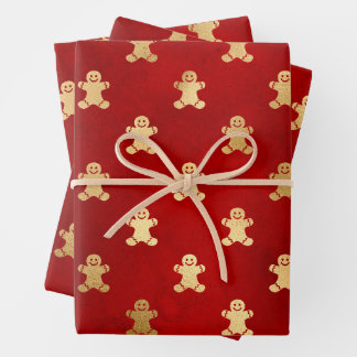 Christmas Red and Gold Gingerbread Man Wrapping Paper Sheet