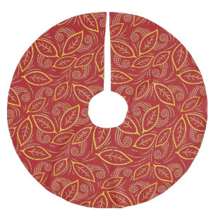 Christmas Red and Gold Illustrated Leaves Pattern Brushed Polyester Tree Skirt