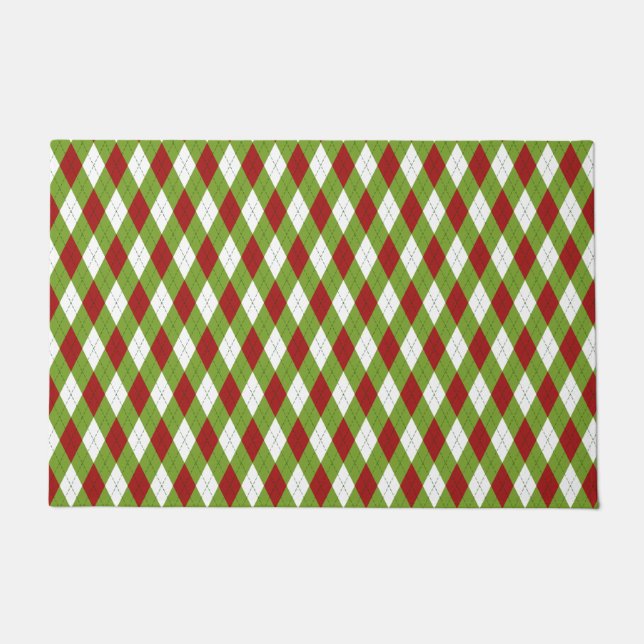 Christmas Red and Green Argyle Harlequin Pattern Doormat (Front)