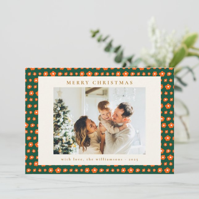 Christmas Red and Green Boho Flowers Two Photo  Holiday Card (Standing Front)