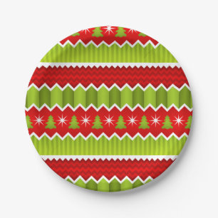 Christmas Red And Green Chevron Stripes Pattern Paper Plate