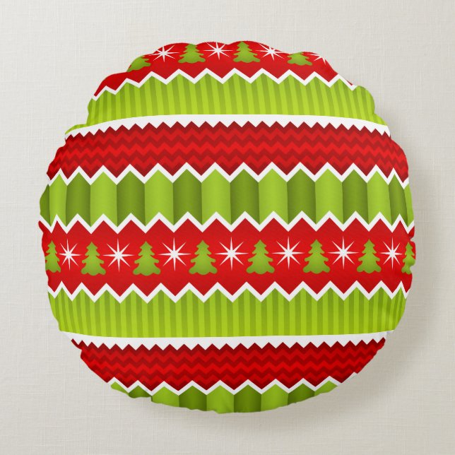 Christmas Red And Green Chevron Stripes Pattern Round Pillow (Front)