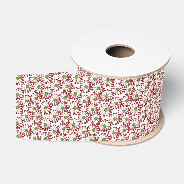 Christmas Red and Green Daisy Floral Pattern Grosgrain Ribbon (Spool)