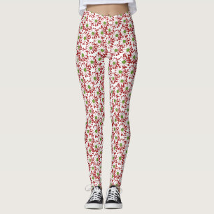Christmas Red and Green Daisy Floral Pattern Leggings