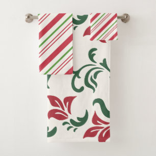 Christmas Red and Green Floral and Candy Stripes Bath Towel Set