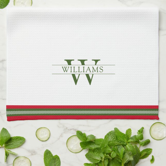 Christmas Red and Green French Country Monogram Kitchen Towel (Folded)