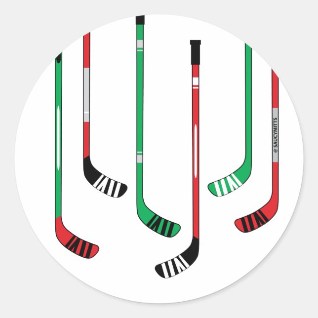 Christmas Red and Green Hockey Sticks Classic Round Sticker (Front)