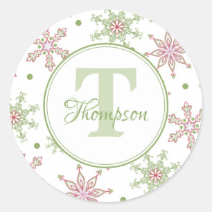 Christmas Red and Green Holiday Snowflake Monogram Classic Round Sticker