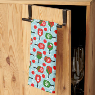 Christmas Red and Green Pickleballs and Paddles Kitchen Towel
