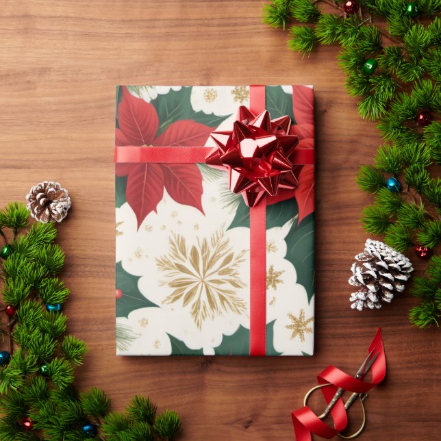 Christmas  Red and Green Poinsettias Wrapping Paper (Holiday Gift)