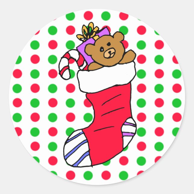 Christmas Red and Green Polka Dots stocking Classic Round Sticker (Front)