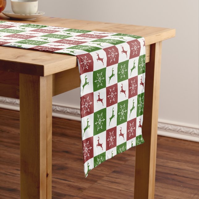 Christmas red and green reindeer snowflake pattern short table runner (In Situ)