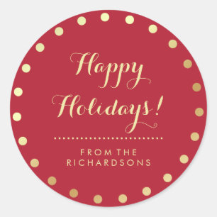 Christmas Red and Modern Gold Dots Happy Holidays Classic Round Sticker