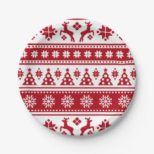 Christmas Red and White Deer and Trees Pattern Paper Plate