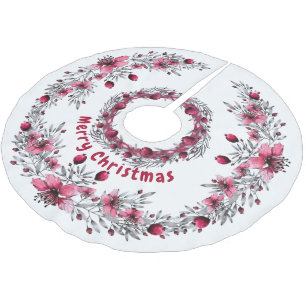  Christmas Red and White Floral Elegant Brushed Polyester Tree Skirt