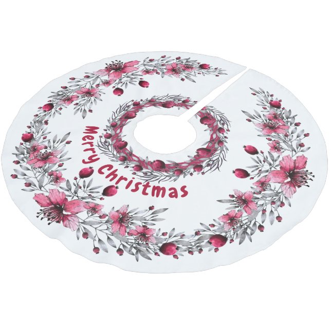  Christmas Red and White Floral Elegant Brushed Polyester Tree Skirt (Angled)