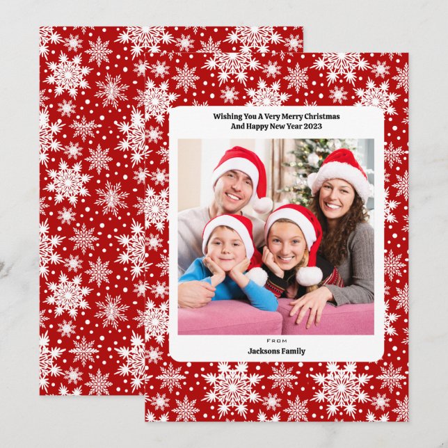 Christmas red and white snowflake pattern photo holiday card (Front/Back)