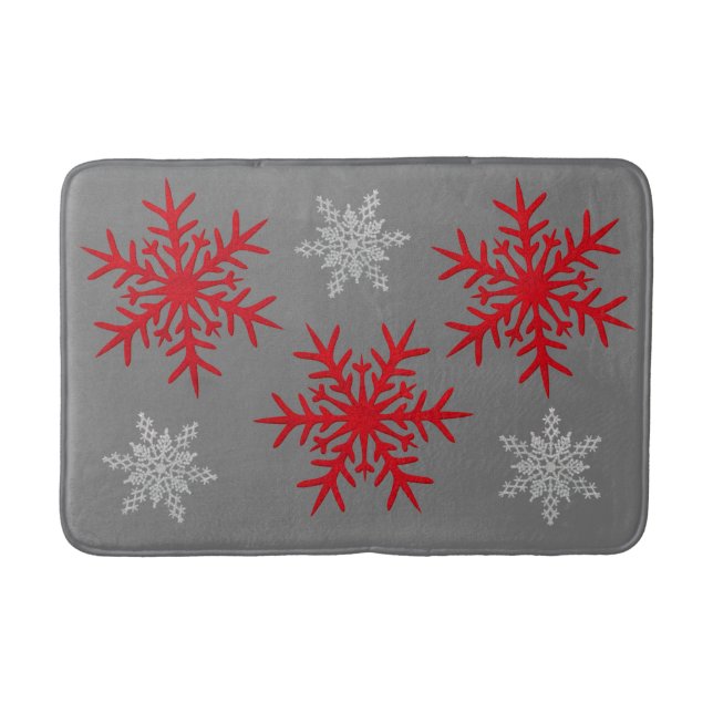Christmas Red and White Snowflakes & Charcoal Grey Bath Mat (Front)