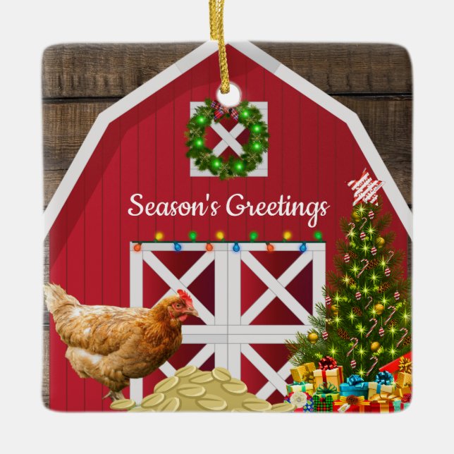 Christmas Red Barn Hen Tree Gifts Ceramic Ornament (Front)