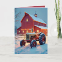 Christmas Red Barn With Antique Tractor
