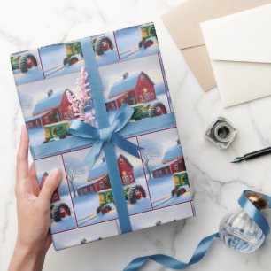 Christmas Red Barn With Green Tractor Wrapping Paper