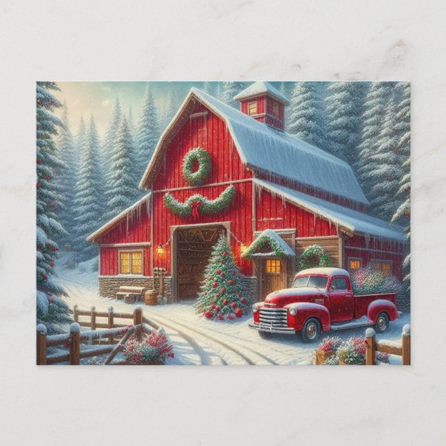 Christmas Red Barn with Vintage Truck Postcard (Front)