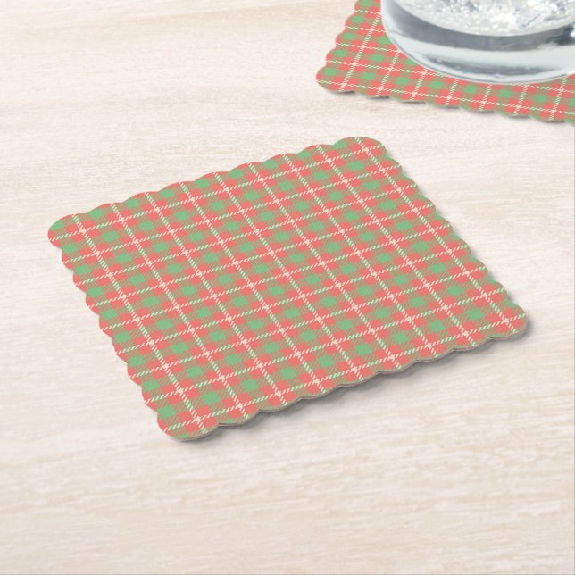 Christmas Red-Based Plaid Paper Coaster (Angled)