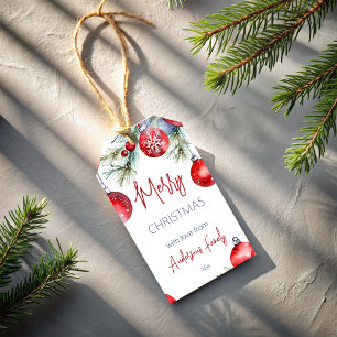 Christmas red baubles snowy pines gift tags