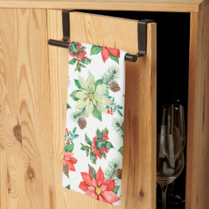 Christmas Red Berries Cardinals Poinsettia Pattern Kitchen Towel