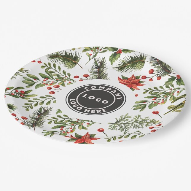 Christmas Red Berries Greenery Business Logo Paper Plate (Angled)