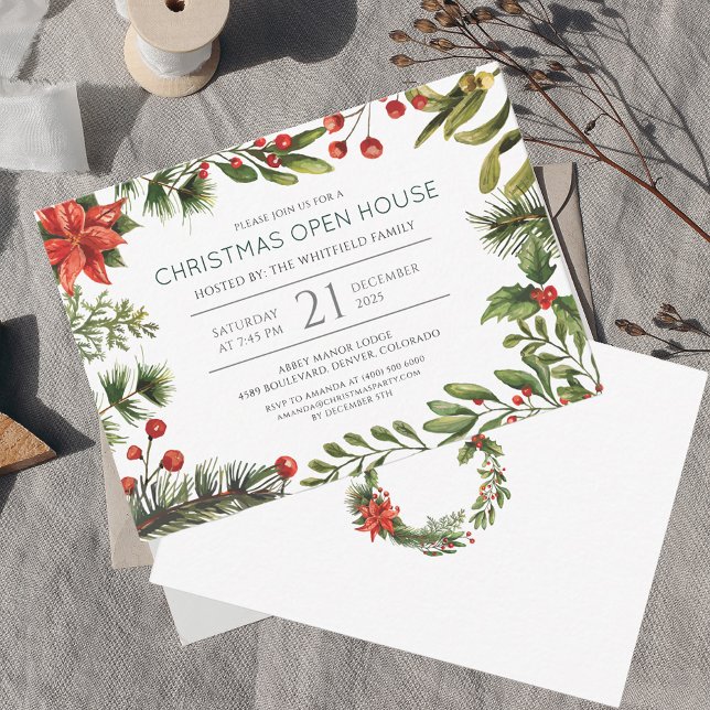 Christmas Red Berries Open House Party Invitation (Christmas Open House Greenery Red Berries Party Invitation)