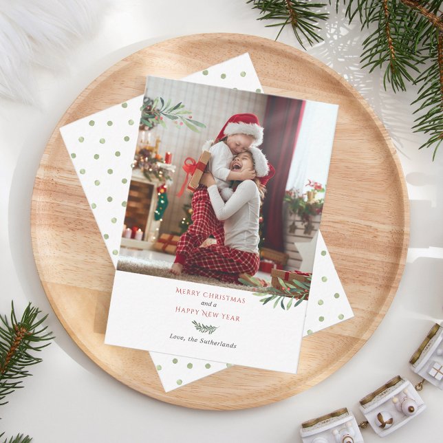 Christmas Red Berries Photo New Year Holiday Card (Family Photo Custom Christmas Greetings)