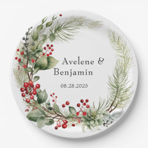 Christmas Red Berries Pine Needles Wreath Wedding Paper Plate